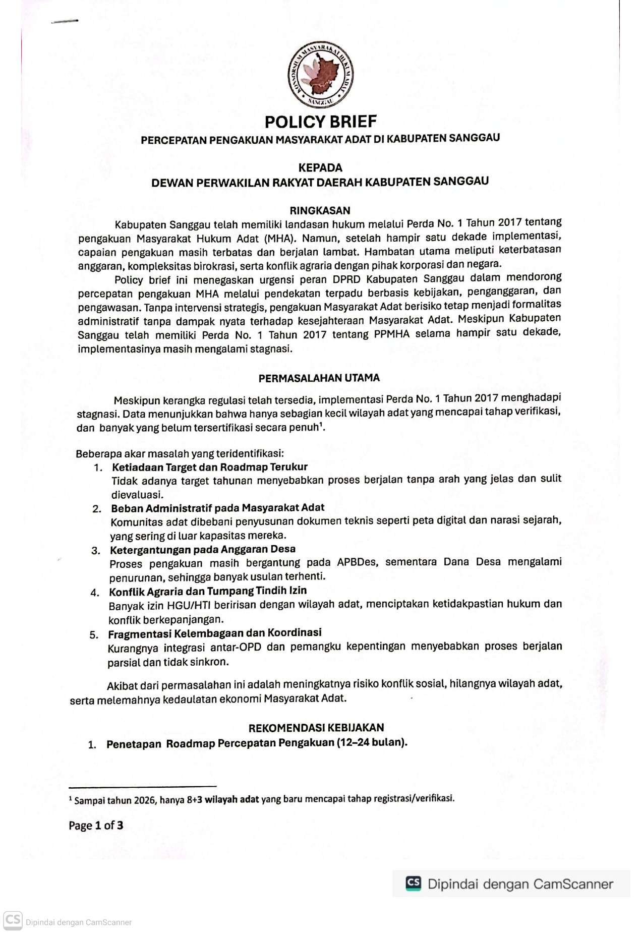 POLICY BRIEF PERCEPATAN PENGAKUAN MA DI KAB. SANGGAU_1